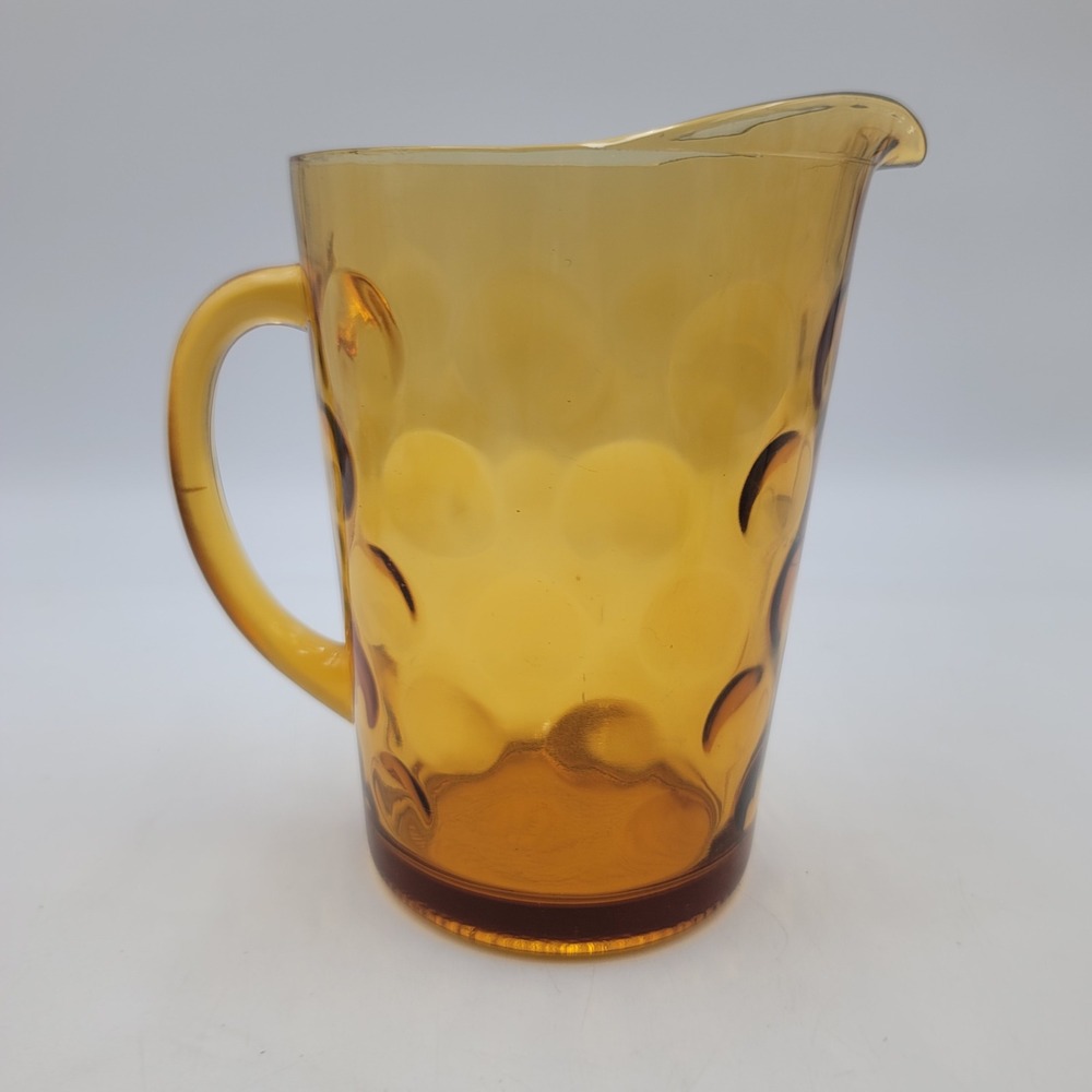Vintage Amber Glass Thumbprint Pitcher Coin Dot Mid Century Modern 8 Inch